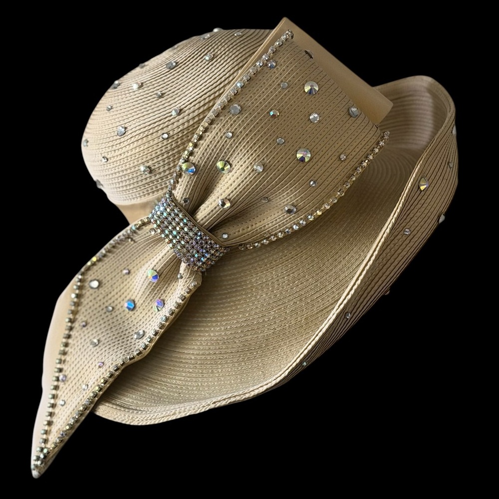 Mr. D Champagne Beige Ribbed Ribbon Wide Brim Hat with Rhinestones
